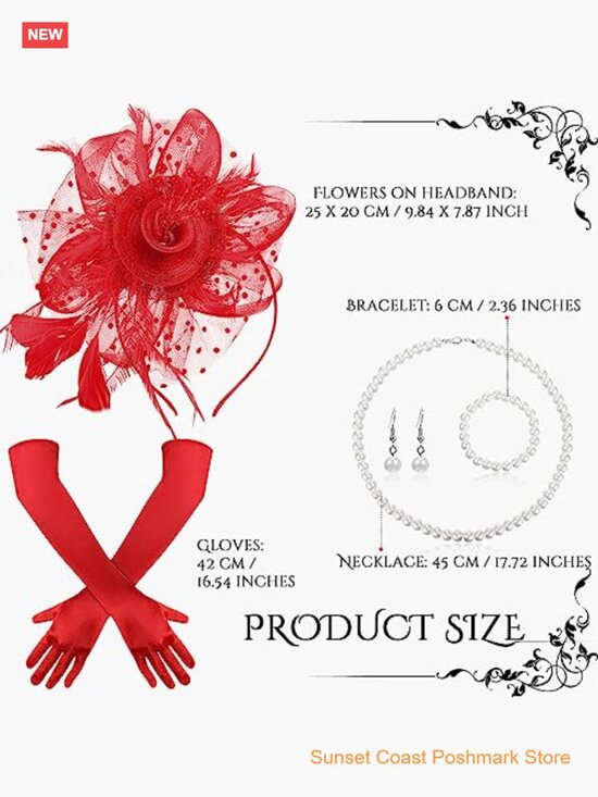 5pc Tea Party Accessory Set Fascinator Hat Gloves Pearl Jewelry Derby Cocktail main image 4